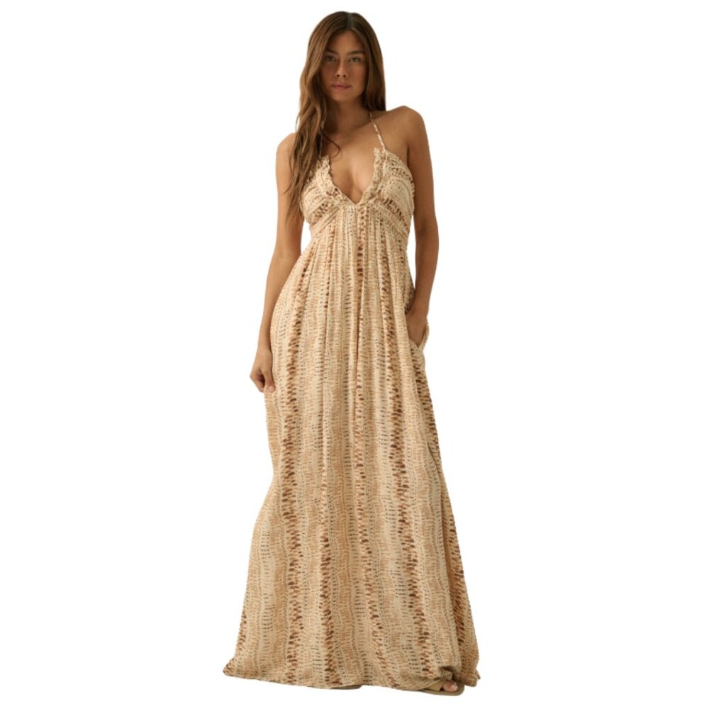 Promesa Abstract‑Print High‑Waist Tie‑Back Halter Maxi Dress | Sandstone Wave